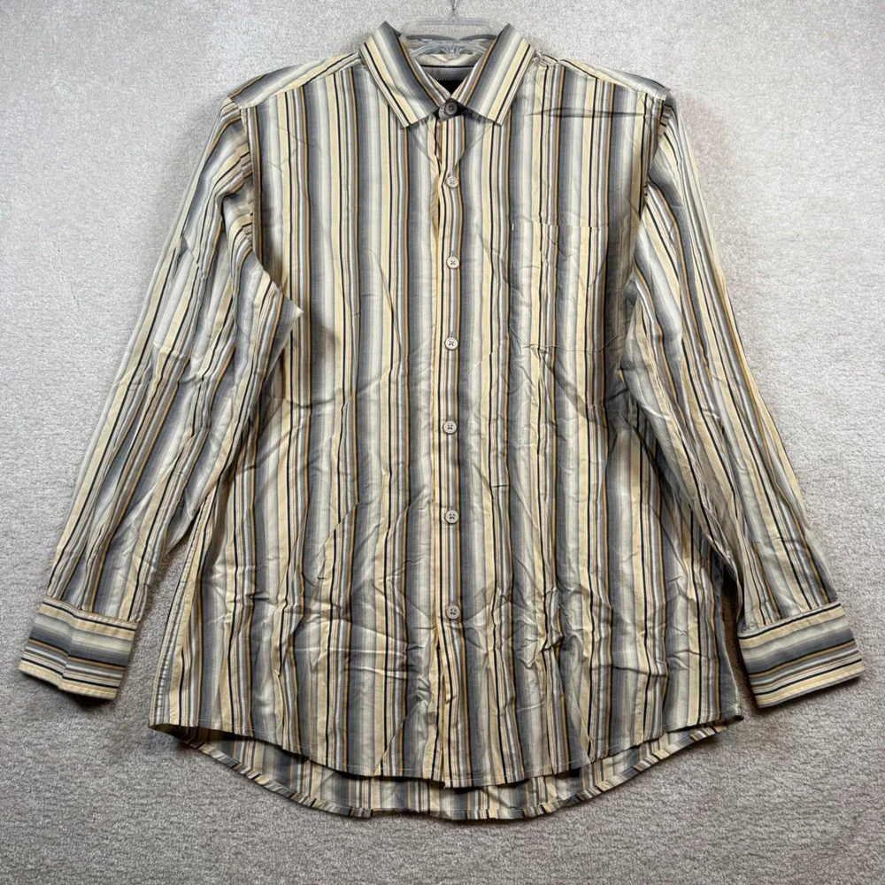Tommy Bahama Button Down Shirt Mens Medium Grey Yellow‎ Striped Pima Cotton